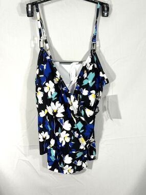 Liz Claiborne NWT Bathing Top Garden Bloom Adj Straps  Blk Floral Sz 14